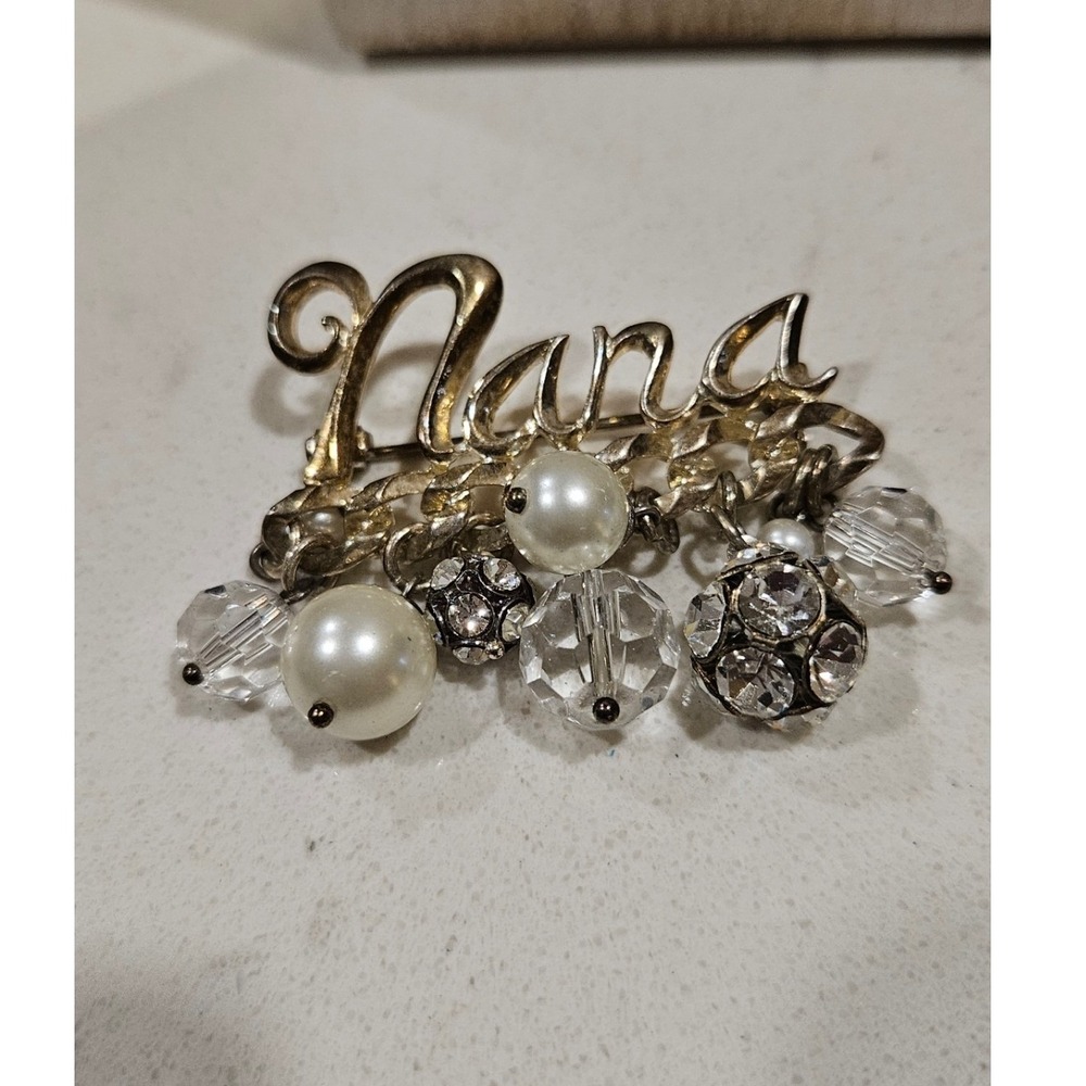 Nana Gold Tone Script Brooch Pin with Faux Pearl and‎ Rhinestone Dangle Charms